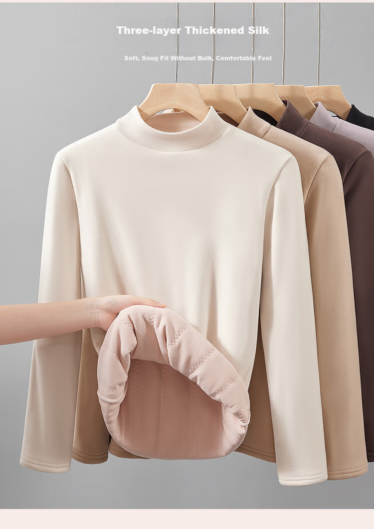 Tingmei [Triple Silk] Fleece-Lined Thickened Half Turtleneck Base Layer Top Women's Autumn Winter Thermal Underwear Shirt 9