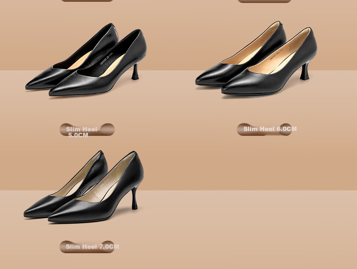 Aokang Official Women's Leather High Heels, Black Thin Heel Professional Work Shoes, OL Pointed Toe Low-Cut Pumps, Size 35 5