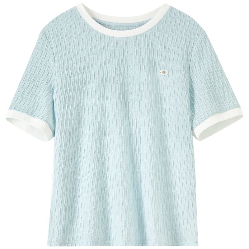 Sentubila Round Neck Short Sleeve Regular Shoulder T-Shirt for Women, Summer Contrasting Color Spliced Knit Top, Elegant Versatile High-End Blouse