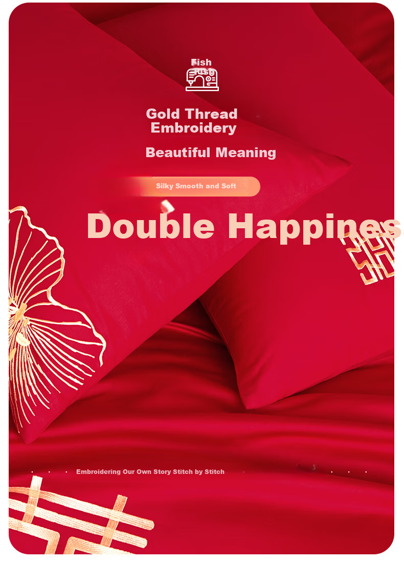 BEYOND Home Textile Wedding 4-Piece Set Pure Cotton New Wedding Red 60-Count Long-Staple Cotton Embroidered Wedding Bedding Set 1.8m 5