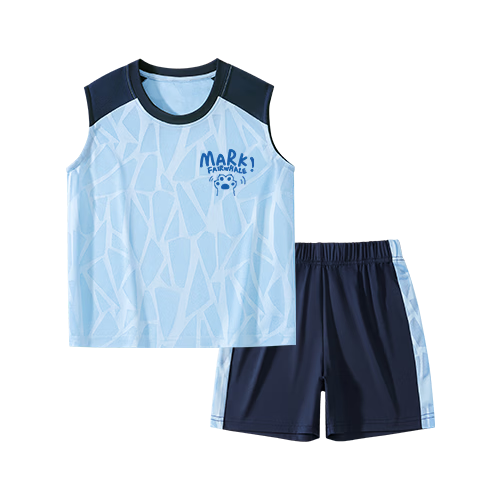 Mark Fairwhale Kids Boys Summer Outfit 2026 New Children's Sports Quick-Dry Two-Piece Basketball Set Blue 140