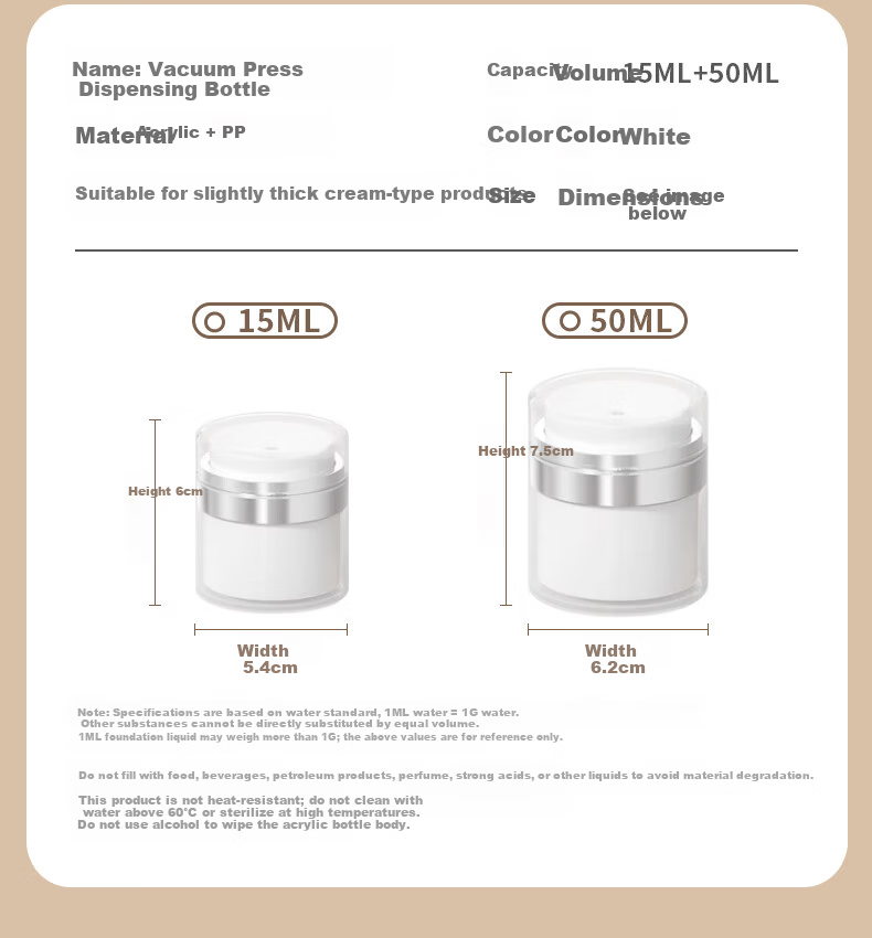 Chense Vacuum Pump Dispenser Bottle, 50ml, Travel-Sized, Skincare Sample Empty Bottle, Face Cream Dispenser, 1 Piece 15