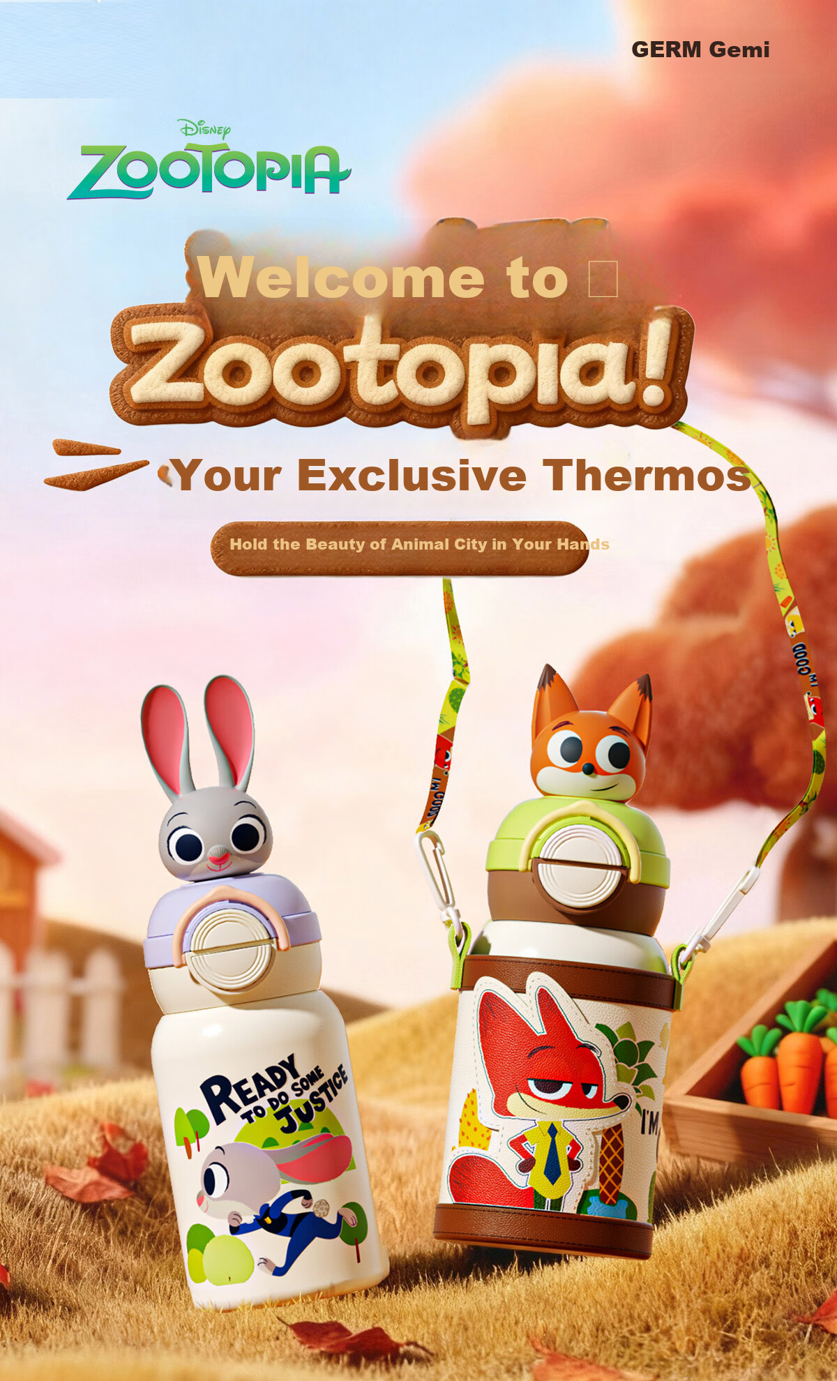 Germ Zootopia Children's Insulated Water Bottle with Straw Dual Drinking for Boys and Girls School Student Cup 480ml Judy 1