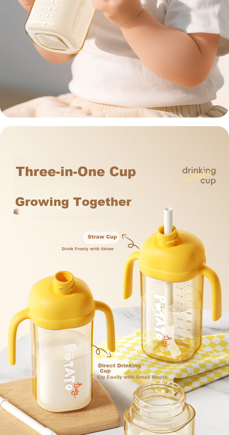 Potato Children's PPSU Direct Drinking Straw Cup Student Water Bottle 300ml for Ages 3+ in Frey White 3