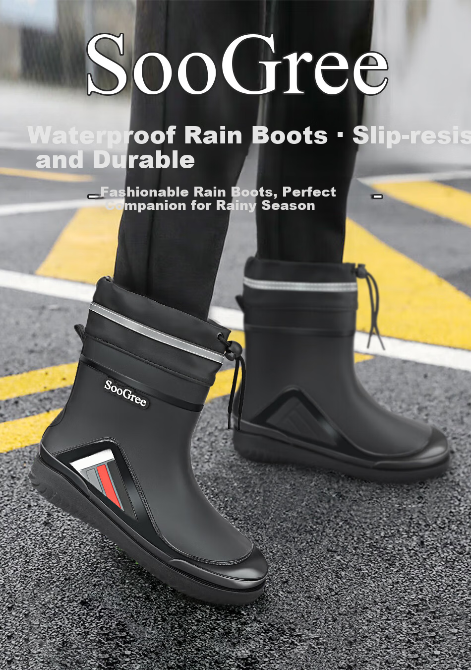 SooGree Men's Mid-Calf Waterproof Non-Slip Durable Rain Boots Outdoor Work Fashion Rubber Shoes 2