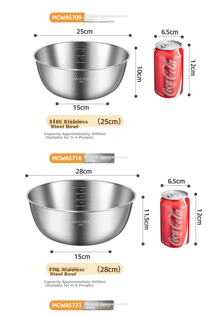 MAXCOOK 316L Stainless Steel Bowl Thickened 16cm Seasoning Bowl Vegetable Washing Bowl Salad Bowl Dough Mixing Bowl MCWA2474 13