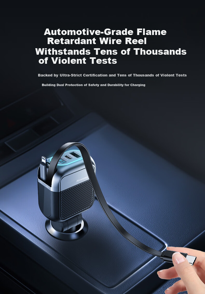 Newsmy Car Charger Super Fast Charging with Retractable Cable Multi-Function 3-in-1 Cigarette Lighter Adapter Car Charger 23
