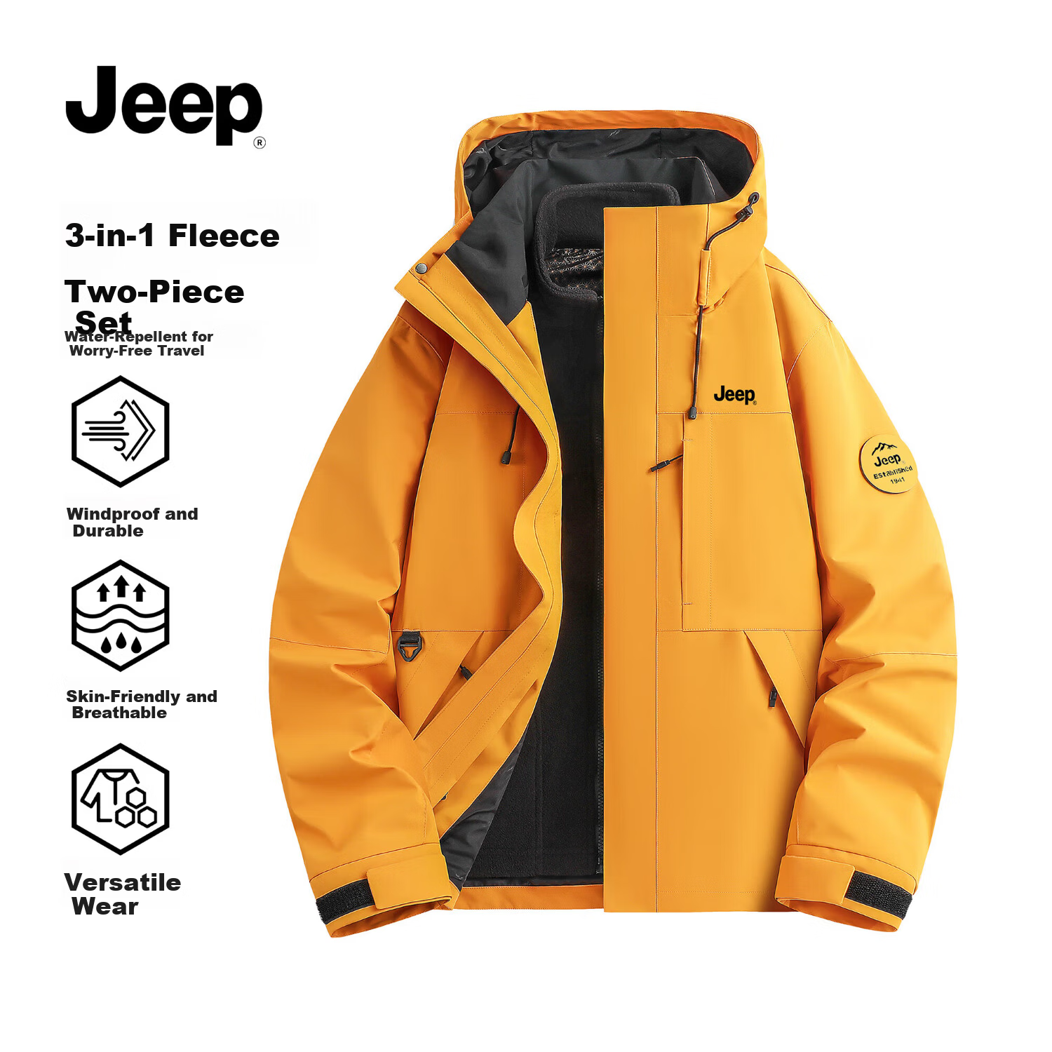 JEEP Unisex 3-in-1 Outdoor Fleece Lined Jacket Maple Leaf Yellow 4XL