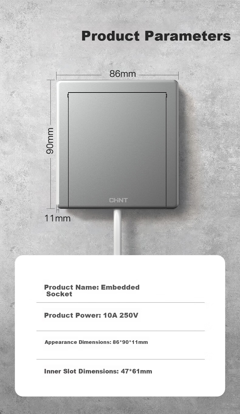 CHNT Embedded Socket, 86-Type, Adjustable Depth, Hidden Socket, Refrigerator Built-In Hidden Socket, 10A Five-Hole, Gray 12