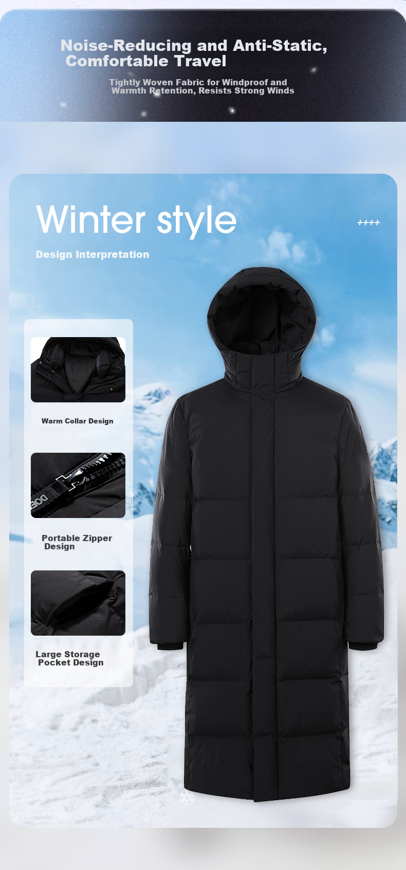 Yalu down Jacket, Unisex Winter Style, Knee-Length, Thickened, Cold-Resistant, Warm, Duck Down, Fashionable Hooded Couple's Coat 4