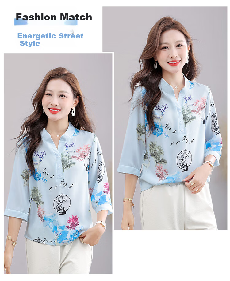 Woodpecker Women's Short Sleeve T-Shirt Casual Floral Shirt Middle-aged and Elderly Mom Loose Elegant Top Summer Blue 2XL 12