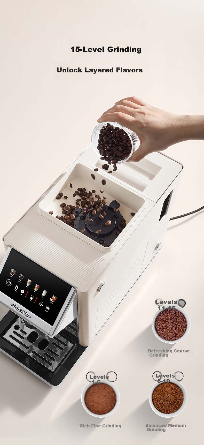 Barsetto BAE-LX1lite Mini Office Home Fully Automatic Italian Coffee Machine 3-in-1 Grinder Integrated Bean Grinder Hot and Cold Dual Extraction Beige 16