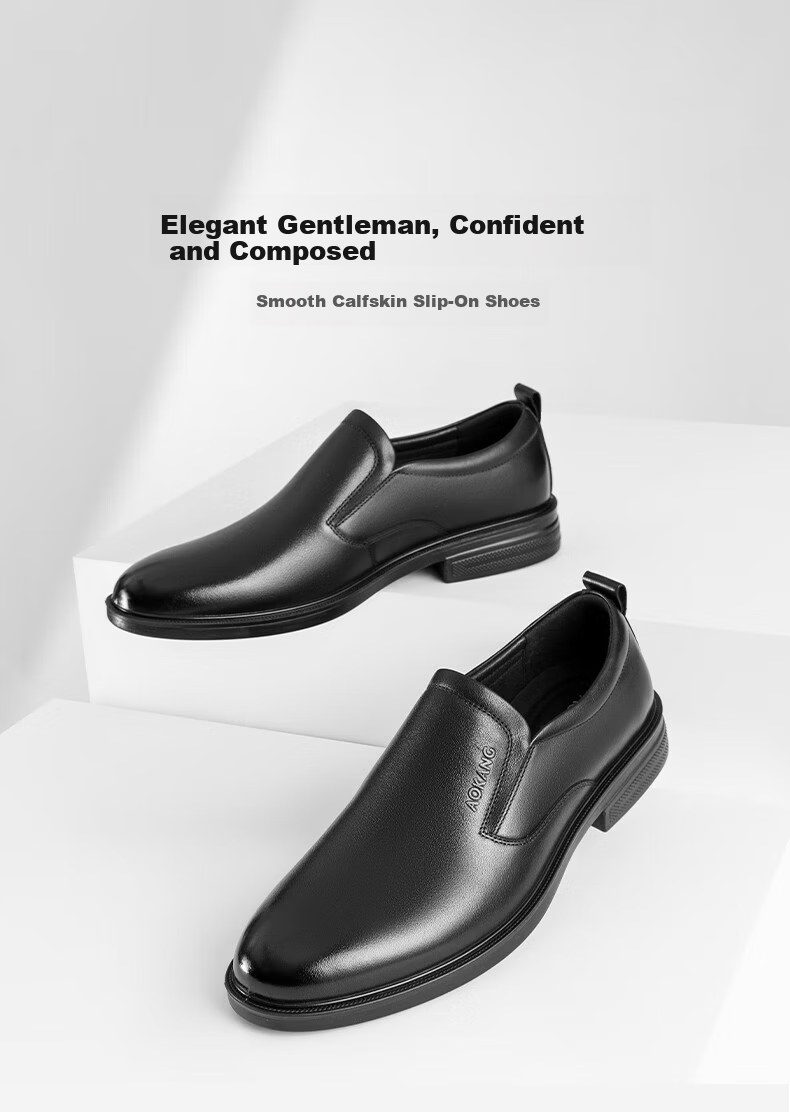 Aokang Men's Business Casual Derby Shoes Leather Slip-On Black Size 44 1