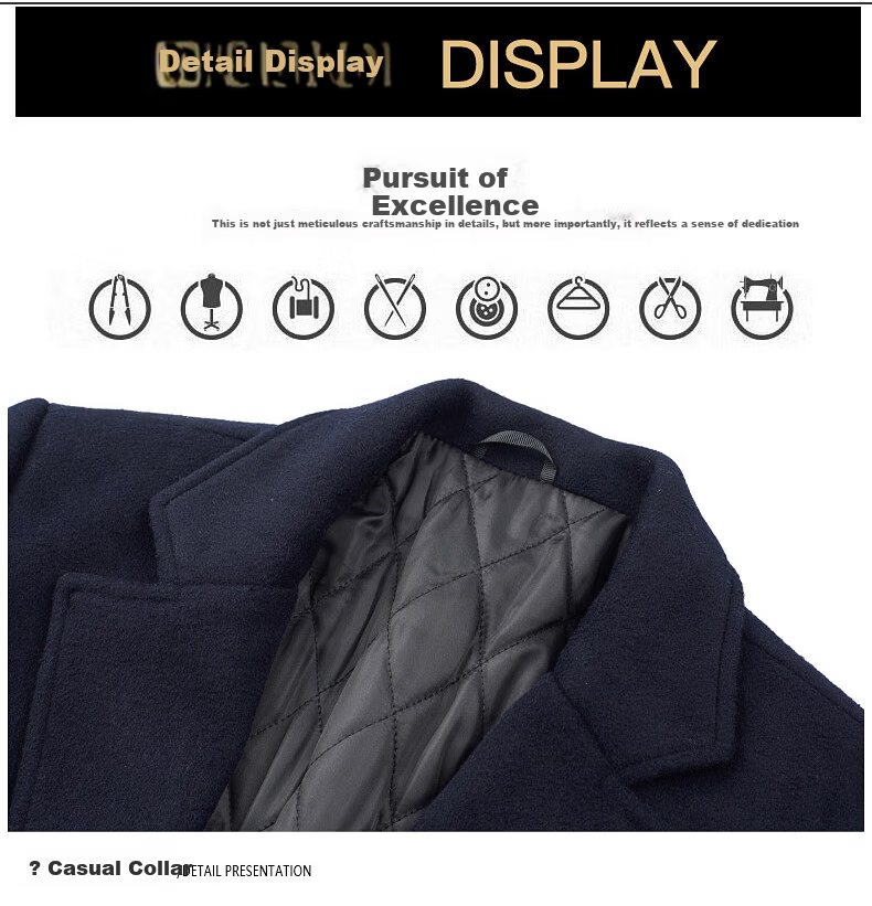 ROMON Autumn Winter Woolen Coat Business Casual Trendy Men's Trench Coat 1930 Navy Blue 2XL 13