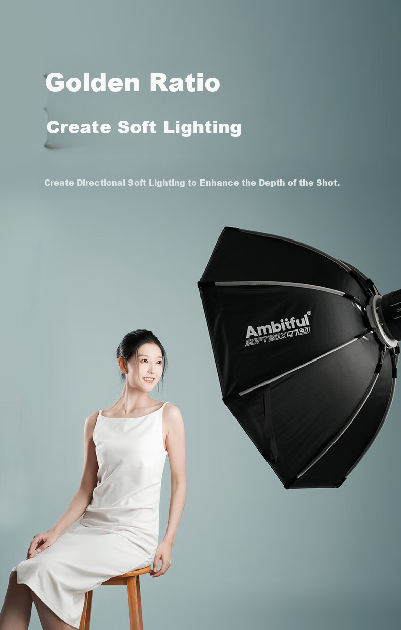 AMBITFUL ZhiJie Q7 Quick-Install Deep Octagonal 55CM Softbox with Bowens Mount Soft Diffuser for Godox SL150III Live Streaming Photography Light 7