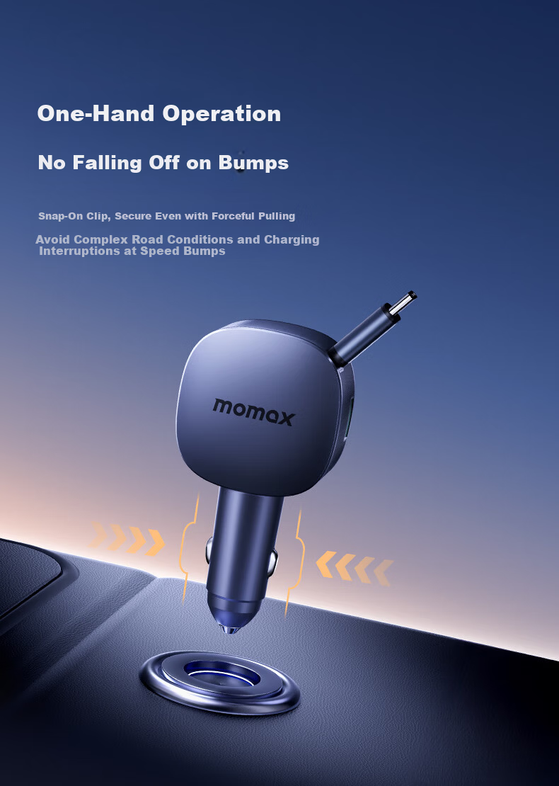 MOMAX Car Charger Super Fast Charging with Retractable Cable PD60W Cigarette Lighter Adapter Compatible with Huawei, Apple 15/16, Xiaomi, Android 9
