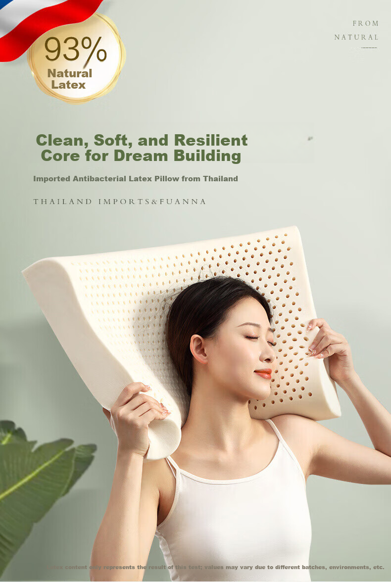 Fuanna Home Textile Latex Pillow Thai Imported Natural Deep Sleep Cervical Pillow Core Antibacterial High Pillow 59*39*10/12cm 1