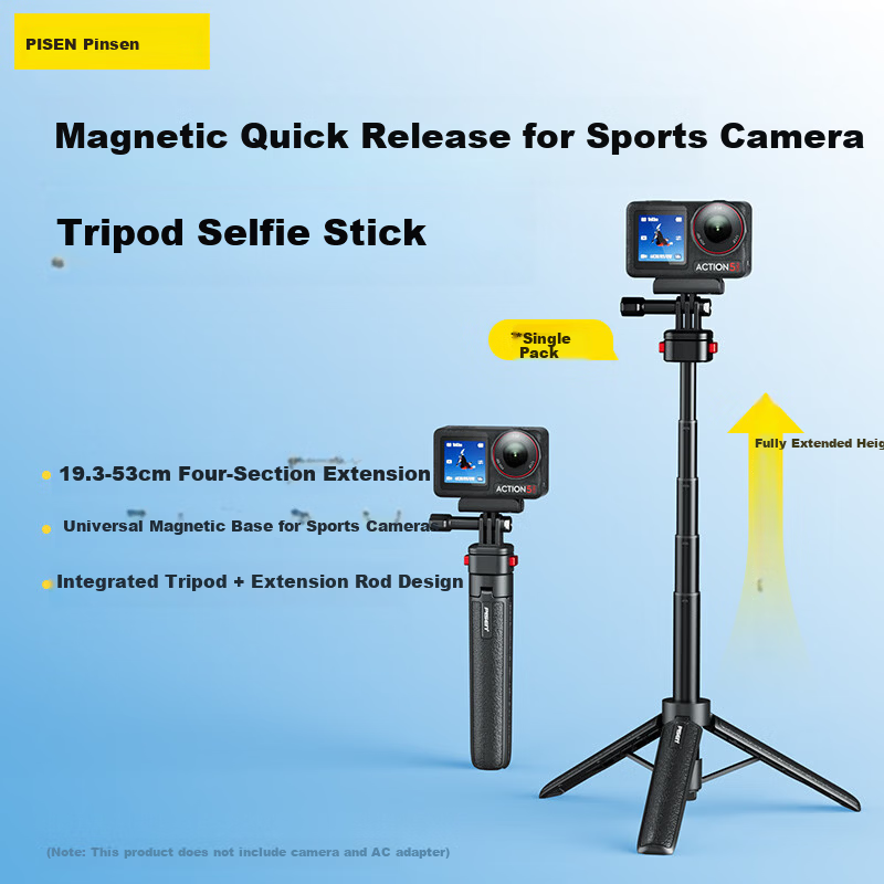 Pisen Magnetic Mini Quick-Release Tripod Extension Selfie Stick for DJI Action 6 5 Pro 4 / GoPro / Insta Sports Camera Portable Photo Handle Live Streaming Stand