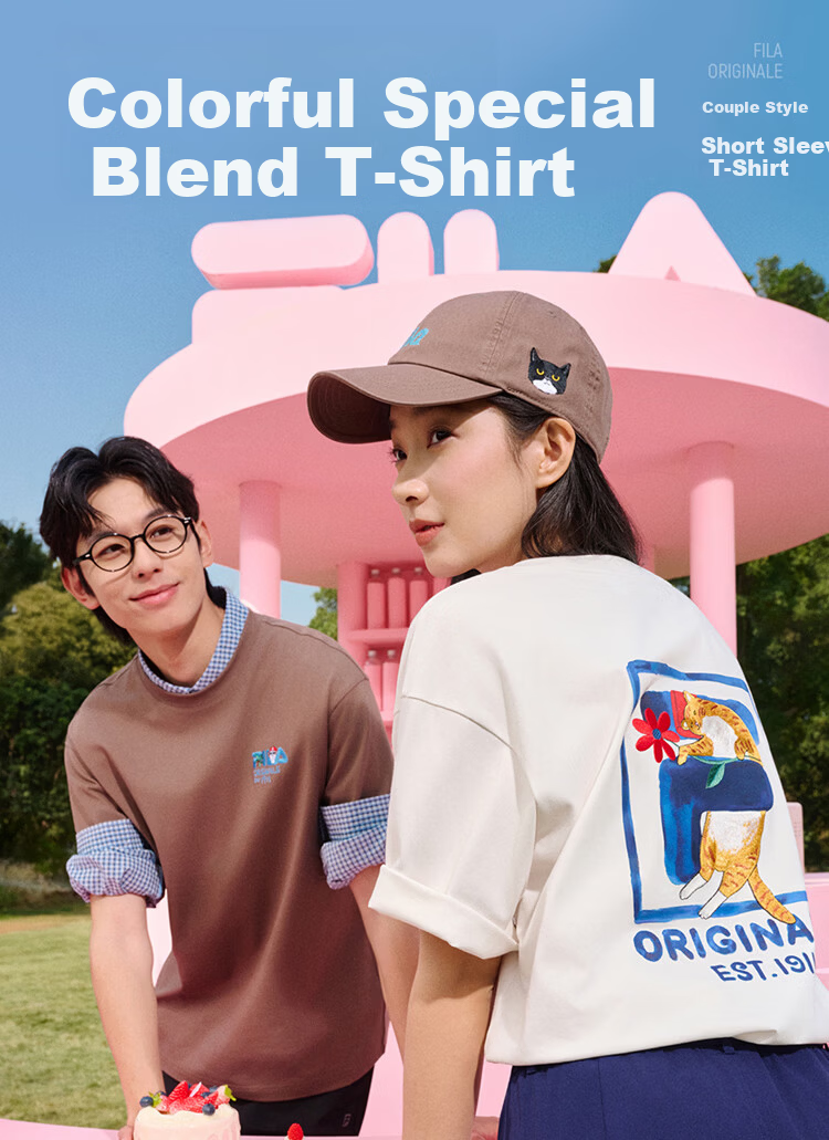 FILA Official Couple's Knitted Short Sleeve Shirt 2026 Summer Fashion Casual Unisex Loose Cat Embroidery T-Shirt 1