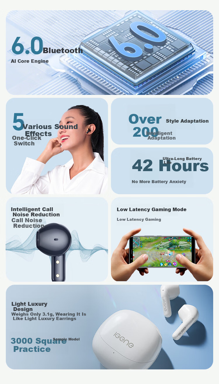 IGene [AI Translation + Conference Summary] 2026 New Smart Bluetooth Earphones, Semi-In Wireless, for Music And Gaming, Low Latency, Compatible with Huawei, Xiaomi, OPPO, OnePlus, Vivo 7