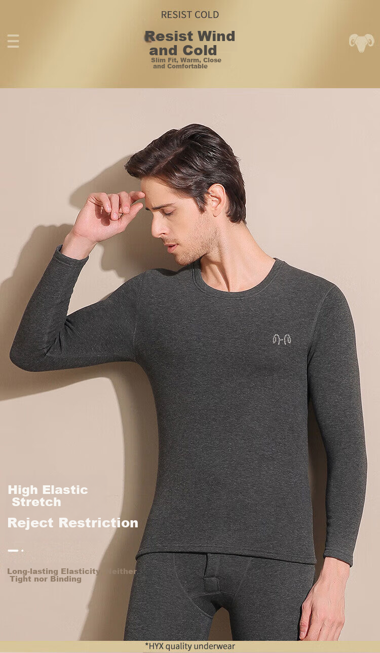 Hengyuanxiang [Hot Sale 50,000 Sets] Men's Thermal Underwear Set Cashmere Goat Velvet Thickened Autumn Winter Crew Neck Top and Bottom Dark Gray 7
