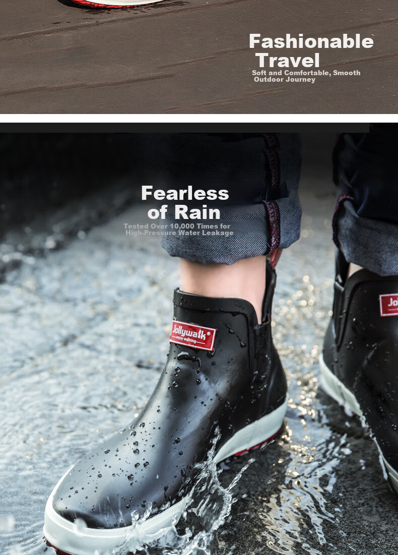 Jolly Walk Men's Low-Cut Waterproof Rain Shoes Water Boots Non-Slip Car Wash Fishing Rubber Shoes JW208 Black Red Size 36 14