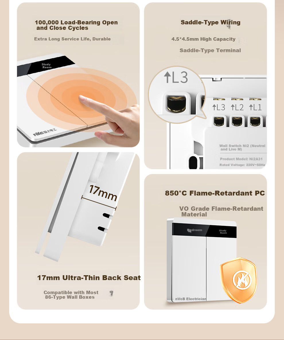 NVC Lighting Electrical Switch Socket Screen Display Smart Switch Compatible with Mijia Customizable Button Names Zero Fire Double Key White 15