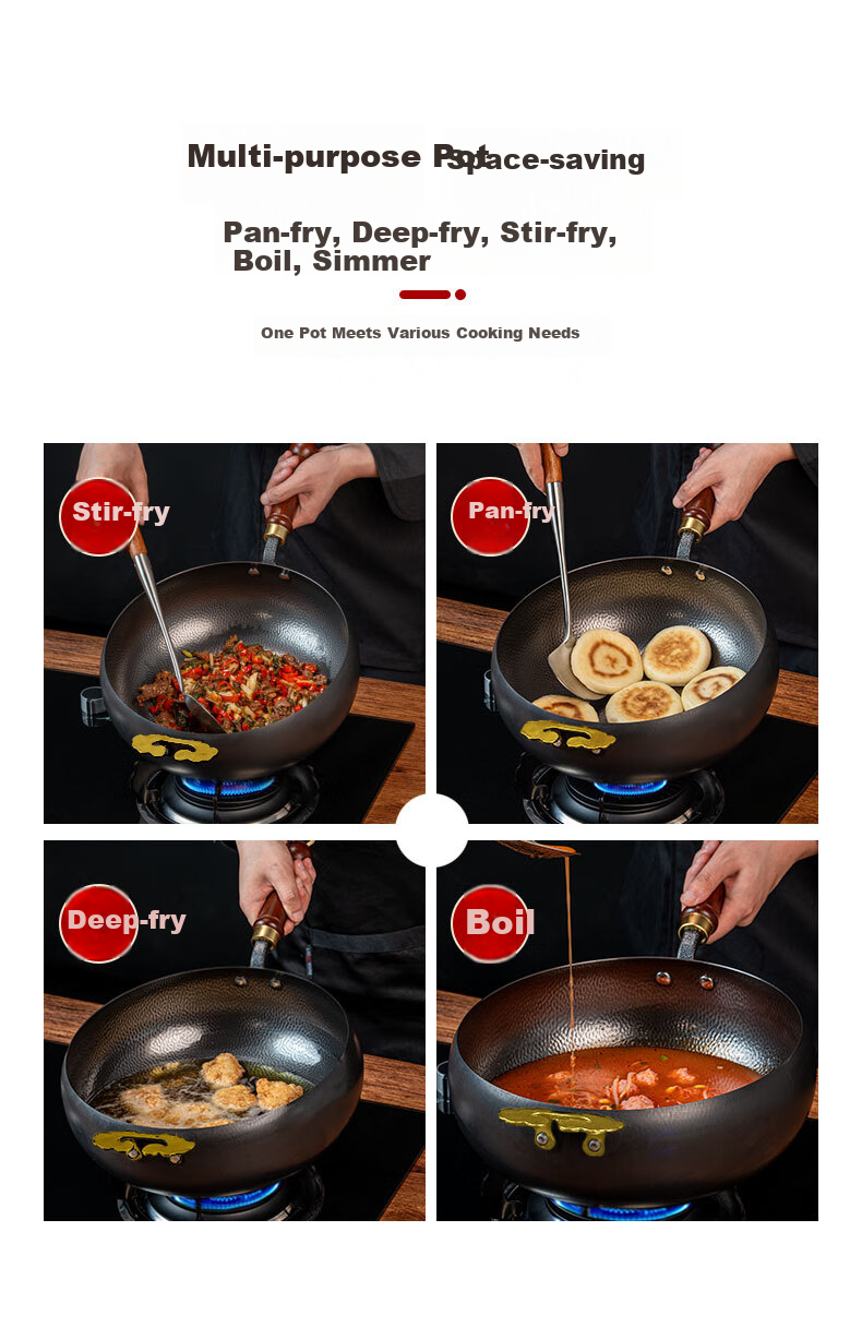 Guzhenjiang Large Belly Iron Wok, Non-Stick Frying Pan for Home Use, Non-Coated, Suitable for Induction And Gas Stoves, Three-Piece Set, with Handles, 28cm 8