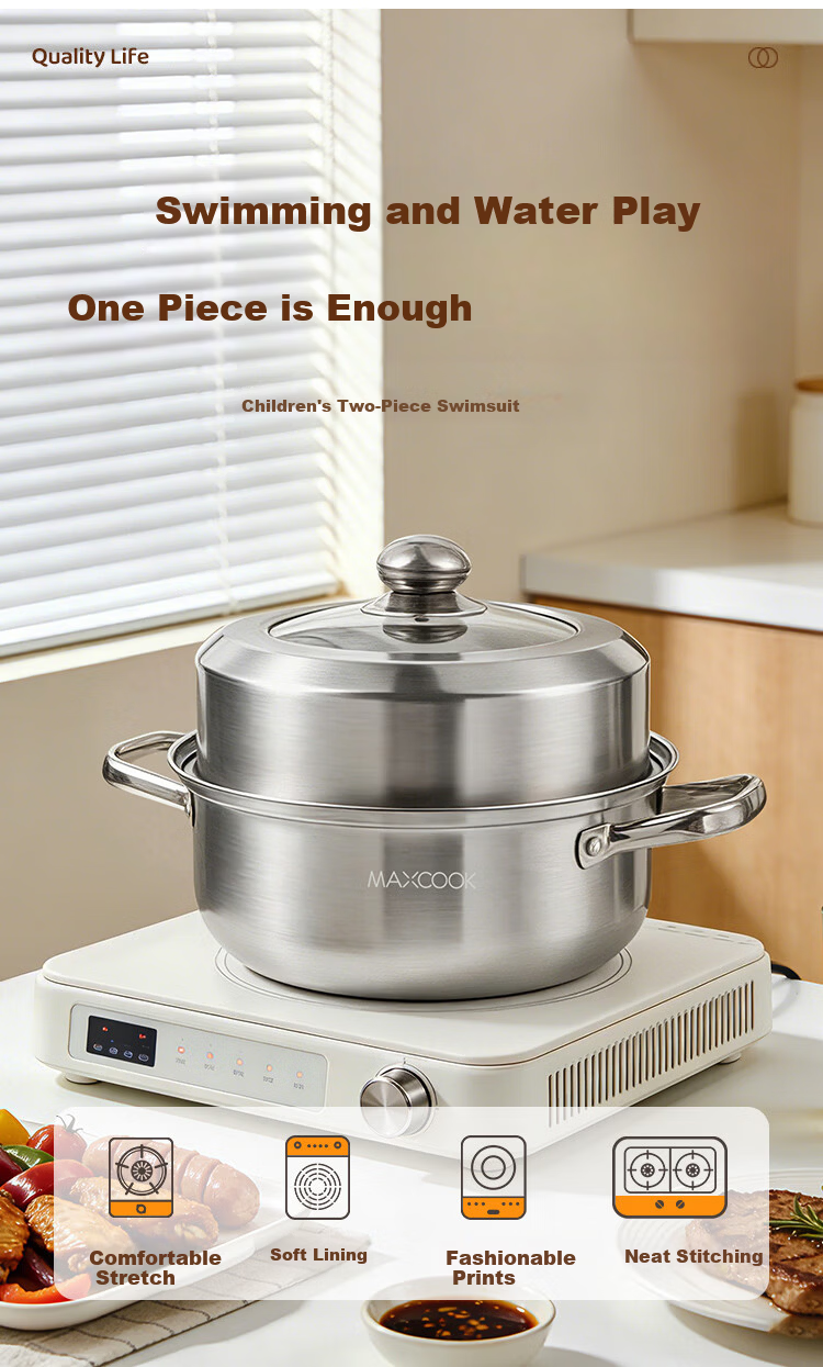 MAXCOOK 28CM Thickened Stainless Steel Single-Layer Steamer Pot Hot Pot Soup Steamer Compatible with Gas Stove and Induction Cooker 10