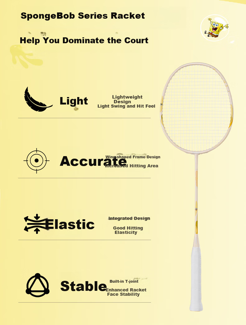 KAWASAKI SpongeBob Collaboration Series Composite Carbon Cartoon Bobby Yellow Double Badminton Rackets 2