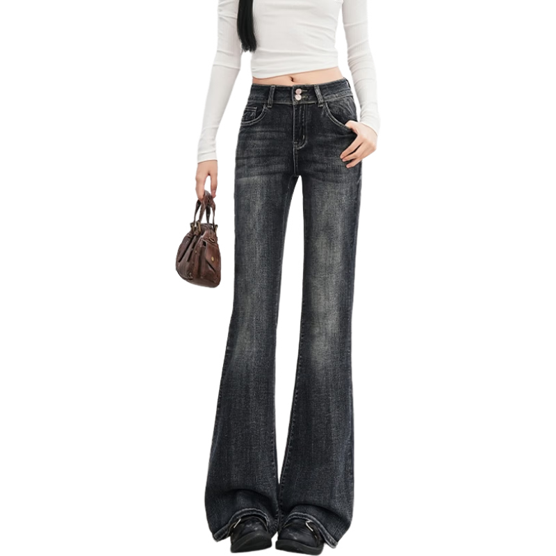 Jeanswest Women's Spring Summer High Waist American Vintage Double Button Stretch Slim Flared Bootcut Jeans Blue Gray XL
