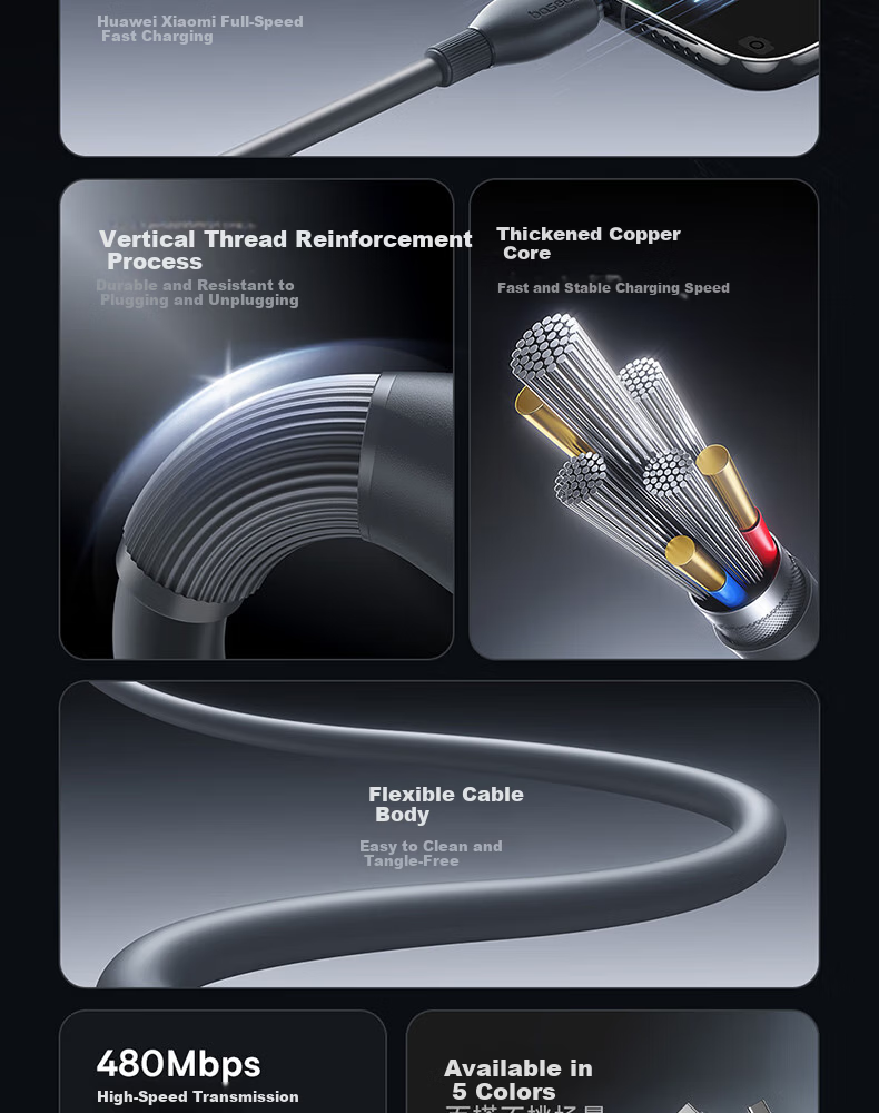 Baseus Type-C Data Cable, 6A Super Fast Charging 100W/66W, Suitable for Huawei Charging Cable P50/Mate60 Honor70Pro/50 Xiaomi Phone Cable Car Charger, Starry Black 2