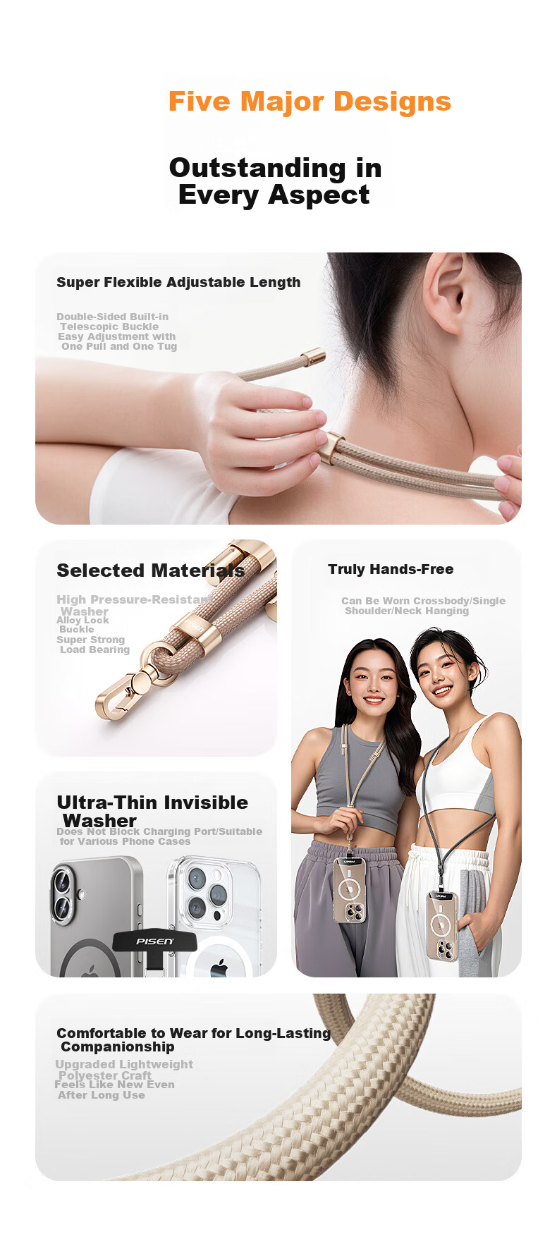 Pisen Adjustable Retractable Woven Phone Lanyard Neck Strap Wrist Strap Anti-Lost Outdoor Drop-Proof Phone Chain with Pad for Apple Huawei Xiaomi Phone Case Green 2