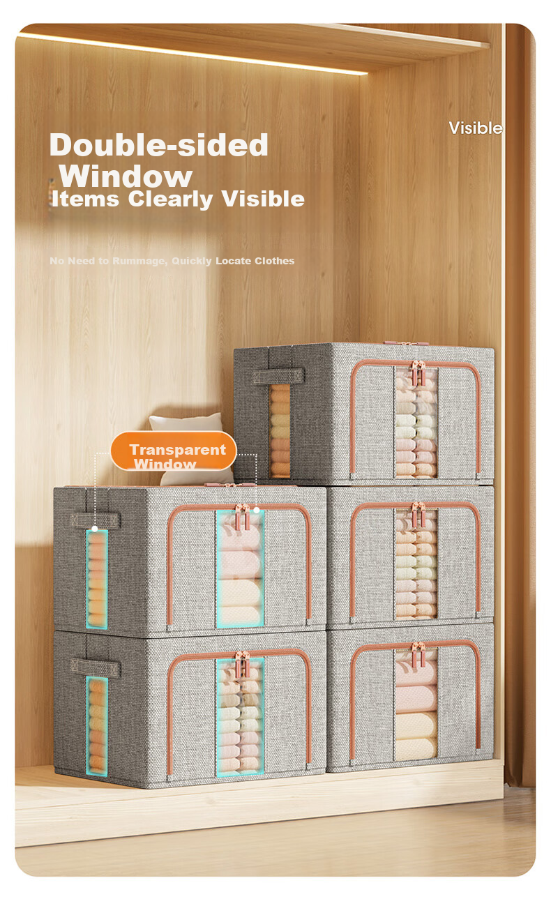 Meiliya Fabric Storage Box Clothes Quilt Organizer Wardrobe Storage Box Bin Double Window Gray 66L 4