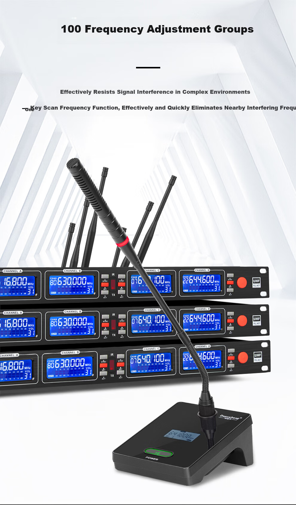 Depusheng DR688 Professional Wireless Microphone System One Transmitter Four Receivers UHF FM Microphone 100m Transmission 200 Channels Anti-Interference for Stage Performance Speech Live Streaming KT 9
