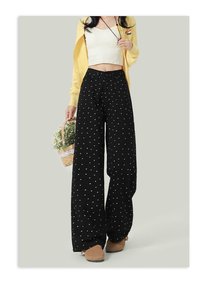 Jeanswest High-Waist Design Women's Jeans Spring Summer Printed Polka Dot Floral Slim Straight Wide-Leg Pants White M 10