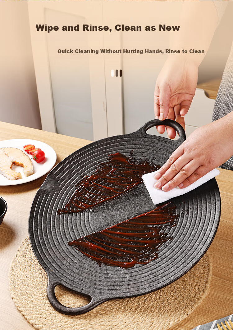 Jincun Cast Iron BBQ Grill Pan Flat Frying Pan No Coating Steak Egg Teppanyaki 35cm for Outdoor Gas Stove 6