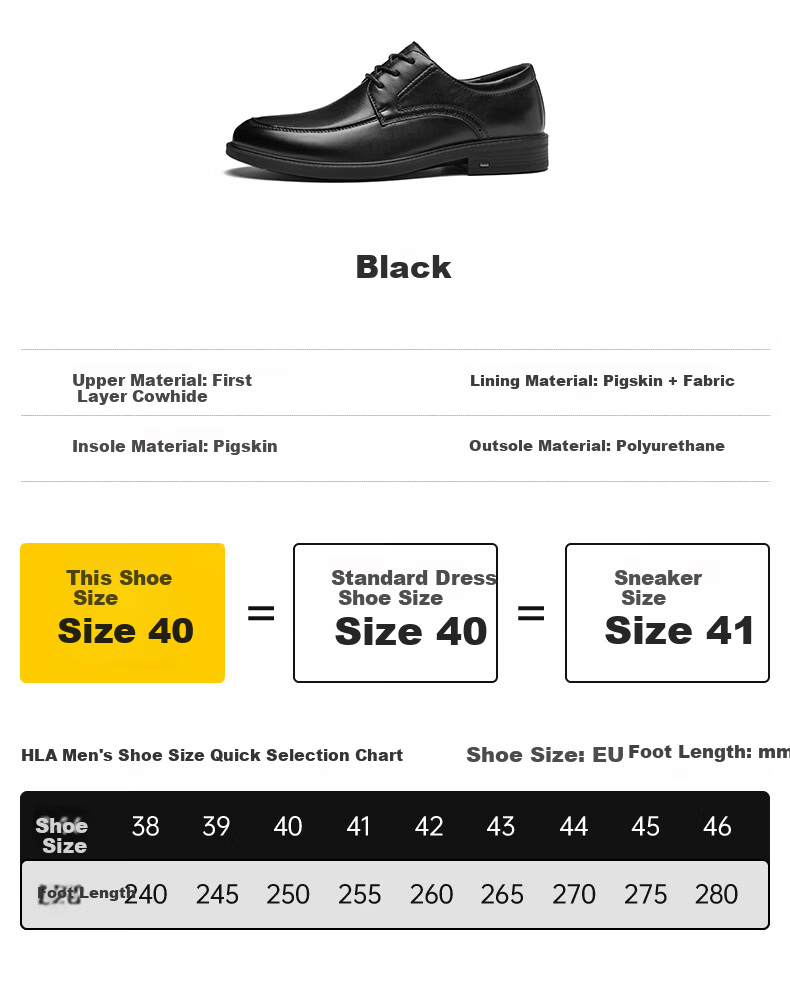 HLA Men's First Layer Cowhide Leather Lace-up Formal Business Casual Shoes T269 Black Size 41 4