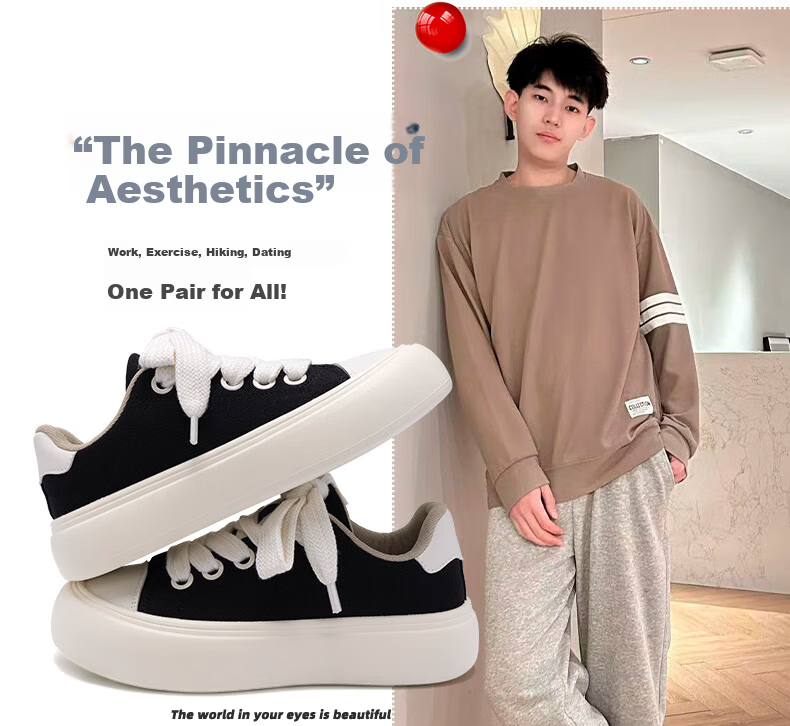 Global Black Canvas Shoes Men Spring Summer 2026 New Thick Sole Height Increasing Casual Sports Sneakers Men Couples White Shoes 4