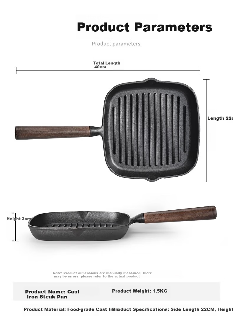 PAKCHOICE Steak Frying Pan Breakfast Cast Iron Skillet Non-Coated Flat Pan 23cm Compatible with Gas Stove and Induction Cooker 22