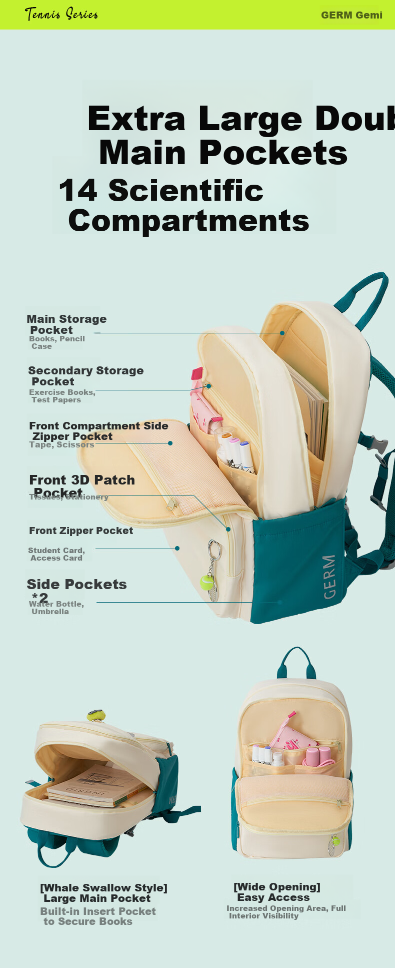 Germ Lightweight Large Capacity School Backpack for Elementary and Middle School Girls Grades 4-6 19