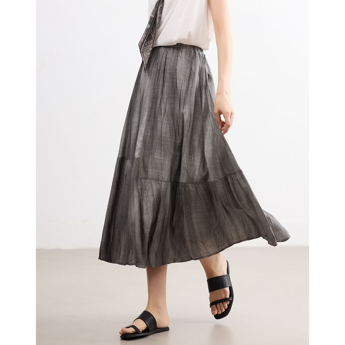 Demana [Forest Style Wardrobe] Summer Artistic Wrinkled Washed Tie-Dye Elastic Waist Slimming Mid-Length Skirt for Women
