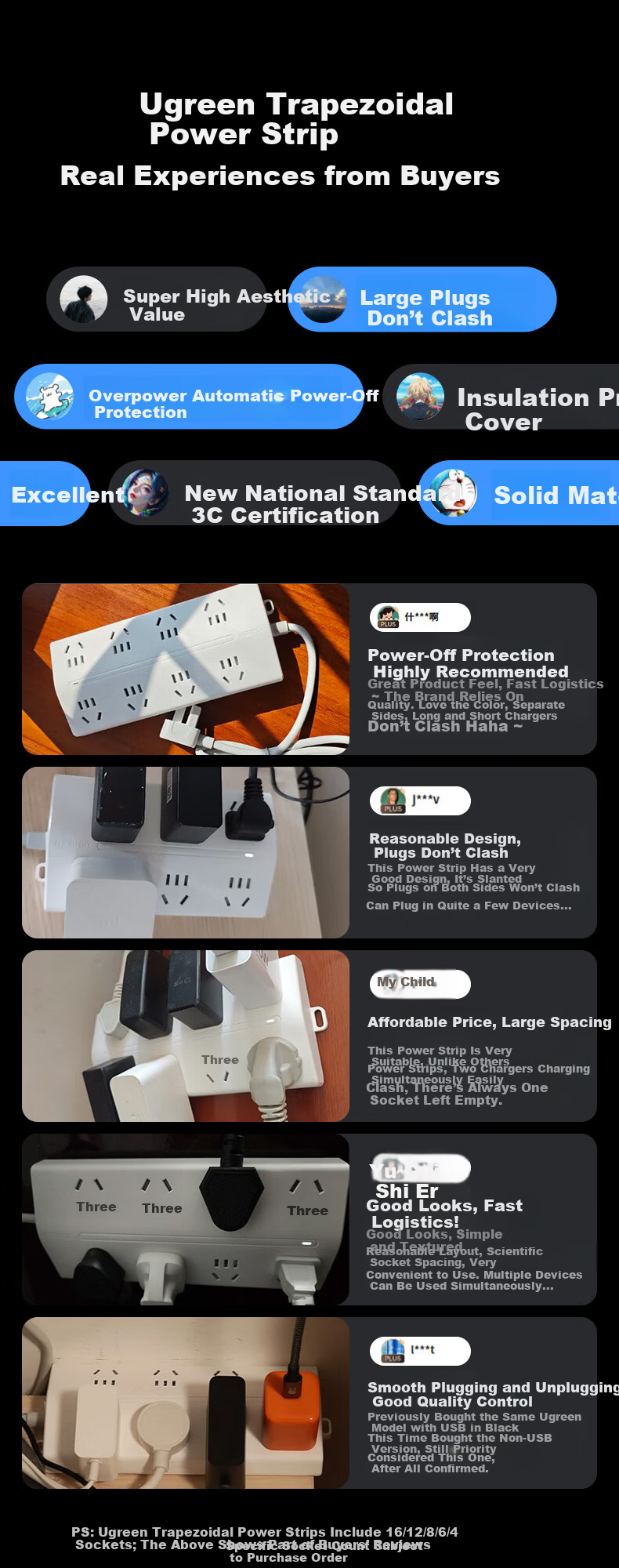 UGREEN Power Strip New National Standard Overload Protection Socket Extension Cord Desktop Computer Power Board Living Room Kitchen Hot Pot Electric Socket 6 Outlets with Individual Switch 1.5m 1