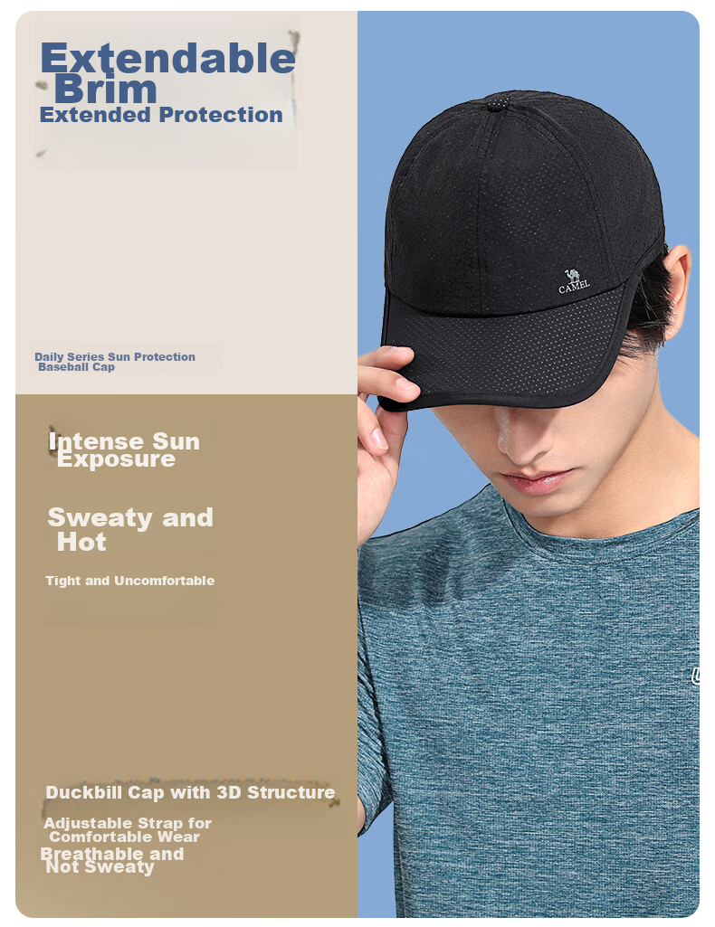 CAMEL Baseball Cap, Soft Top, for Women with Large Head Circumference, Slimming Effect, Face-Slimming, Versatile, Breathable Hat for Men, Duck Tongue Cap, 173BB00026 3