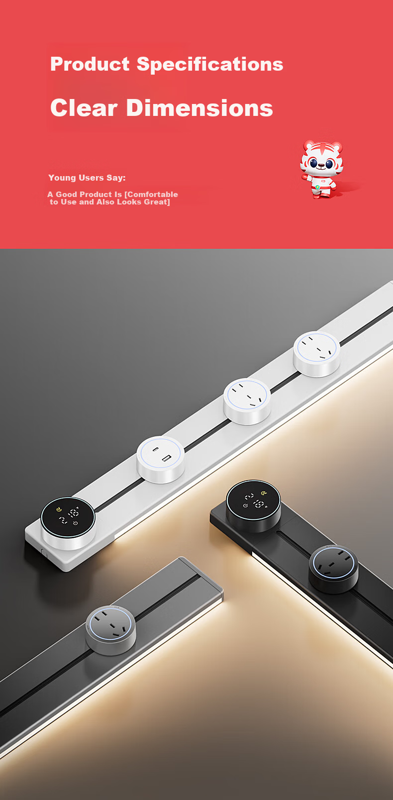 Guojidiangong Track Socket with Display Screen, Wall-Mounted Movable Power Strip, Smart Digital Display Timer Control, Kitchen Sideboard Slide Rail Surface-Mounted Extra-Long Track 100cm Black 16