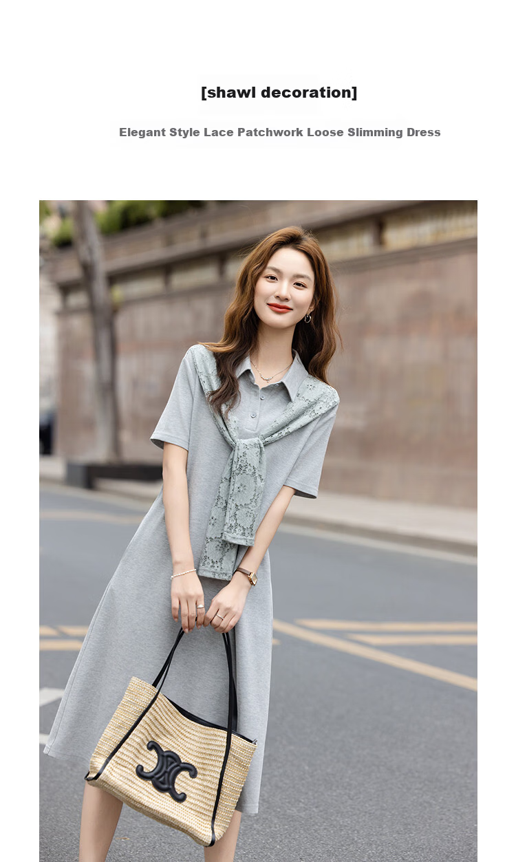 Demana Summer Lapel Pique Mesh Lace Splicing Loose Slim Dress for Women High-End Feel with Shawl Decoration 2