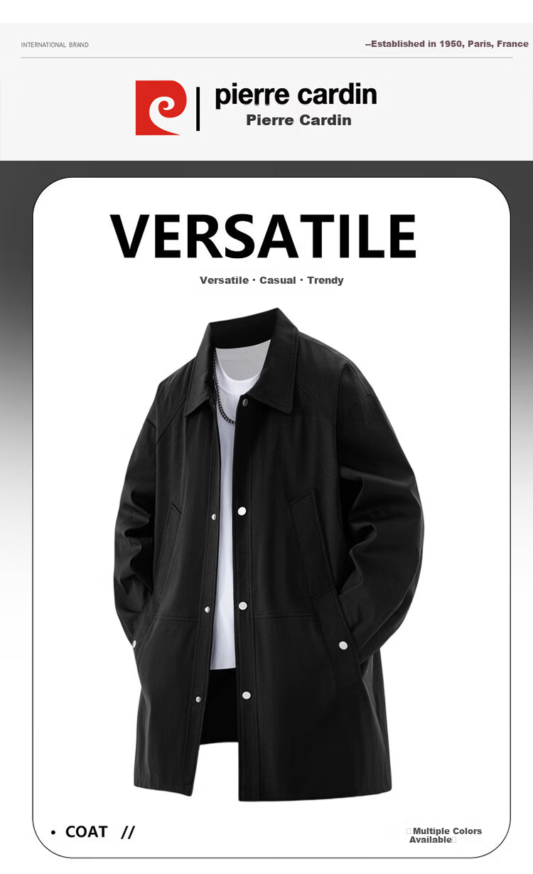 Pierre Cardin Men's Trench Coat Spring Autumn Korean Style Loose Casual Mid-Length Coat Trendy Lapel Overcoat Black XL 2