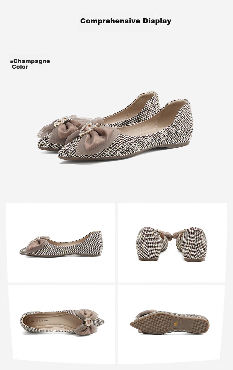 HLA Women's Single Shoes, Pointed Toe, Chanel-Style Slip-Ons, Comfortable, Champagne Color, Versatile Women's Shoes, HDADXW1CEN192, Champagne Color, Size 38 14