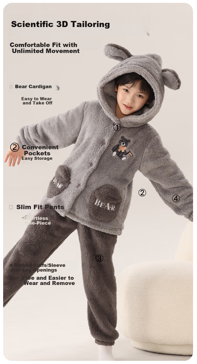 MiiOW Coral Fleece Children's Pajamas Boys' Set Thick Flannel Bear Hug Loungewear 24 Autumn Winter New Style 160 1