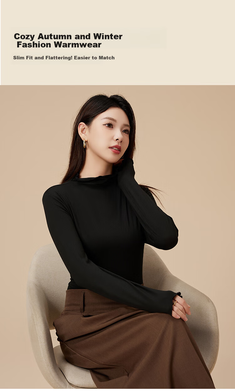 Ordifen Women's Turtleneck Base Shirt Autumn Winter Long Sleeve Ruffled Slim Fit Black M 5